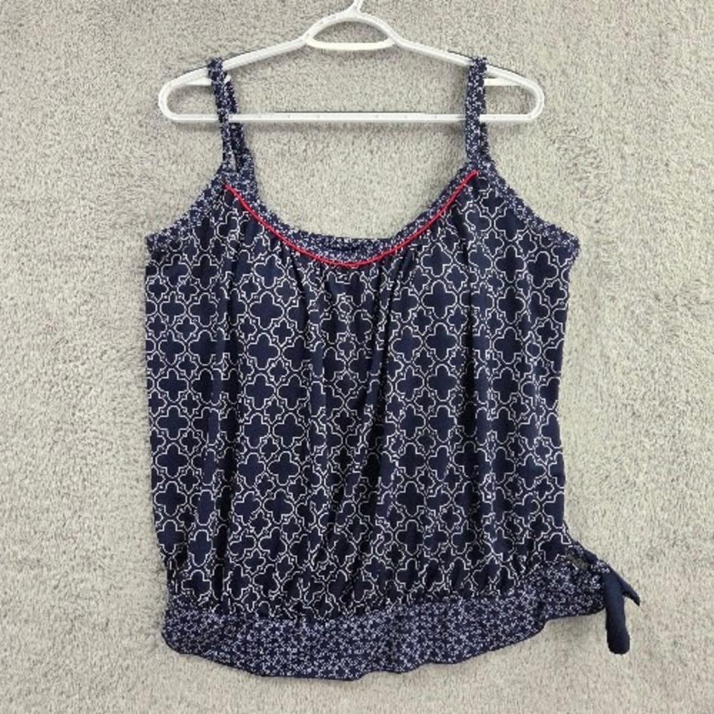 Kim Rogers Swim Tankini Women's 18W Navy White Quatrefoil Blouson Side Tie Top